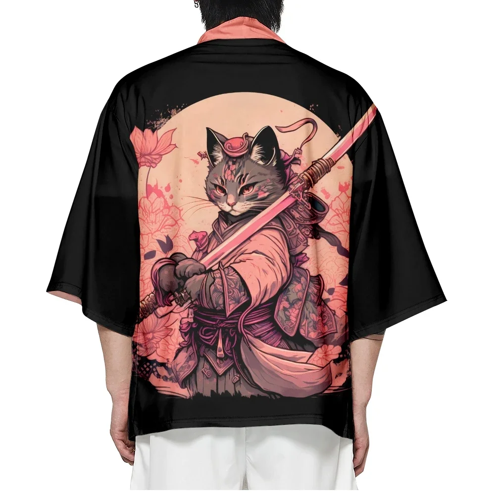 Japonês Samurai Cat Print Kimono Camisa para Homens e Mulheres, Yukata Cardigan, Haori Tradicional, Roupas Cosplay, Streetwear Asiático, Harajuku