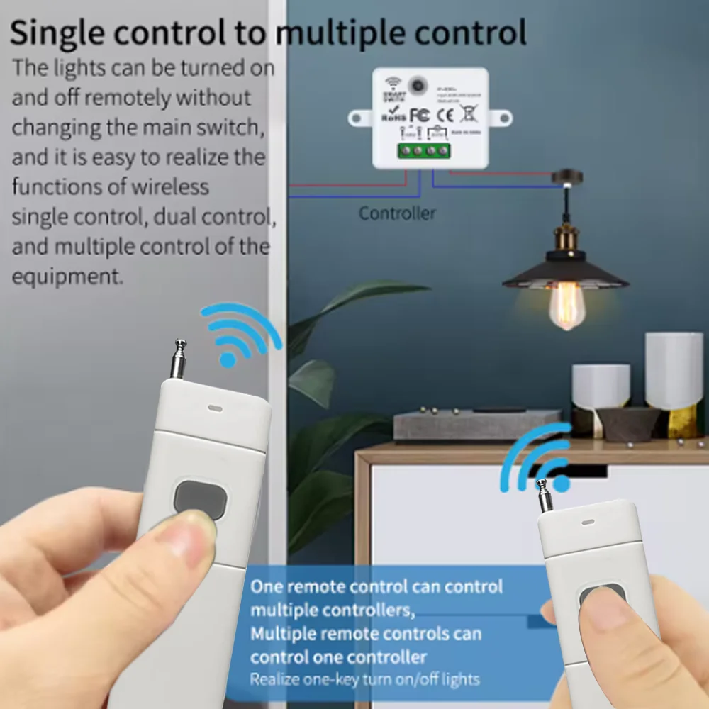433MHz wireless remote control switch, remote control range exceeds 3000 meters, 16A relay receiver module, 100-40V light, suita