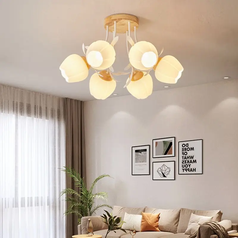 French Cream Nordic Lily of The Valley Glass Wood Creative Pendant Light for Bedroom Dining Living