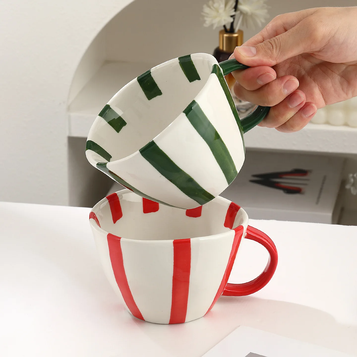 Nordic Colorful Striped Ceramic Coffee Cup 400ml Large-capacity Mug Home Afternoon Tea Couple's Tea Cup Office Latte Coffee Cup