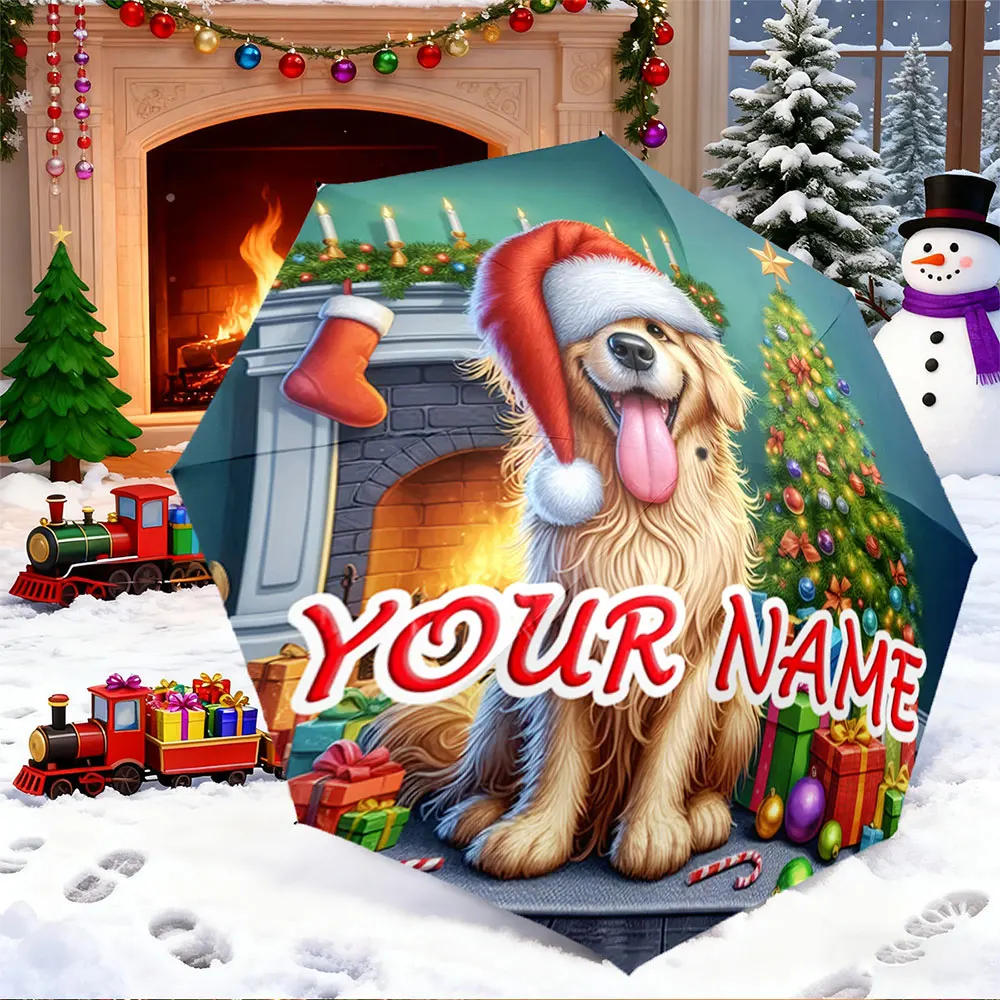 Custom Name Umbrella， Christmas Golden Retriever Umbrella - Personalized with Your Name ,Portable Folding Umbrella, Gift