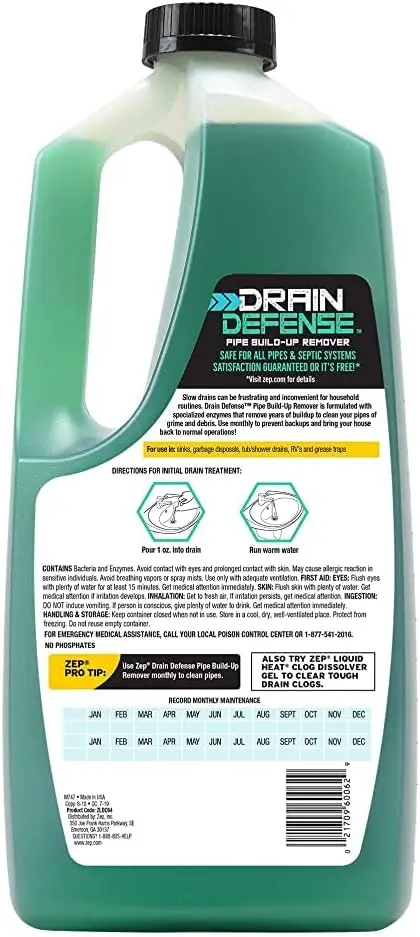 Drain Defense Pipe Build-Up Remover - 64 Ounces - ZLDC648 - Professional Strength Liquid Pipe Build Up Remover,GREEN | Professio