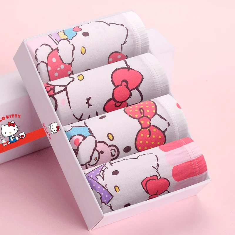 Kawaii Hello Kitty Cotton Boxer para Meninas, Roupa Interior Infantil, Cuecas Respiráveis, Shorts Antibacterianos dos Desenhos Animados, Presente Infantil, 4Pcs