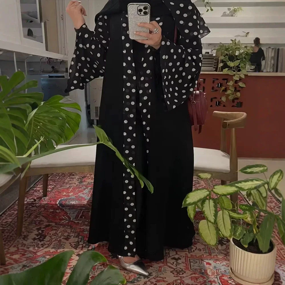 Women Abaya Dress Eid Muslim Party Dresses Dot Print Cardigan Robe Abayas Kaftan Islam Vestidos Ramadan Morocco Dubai Jalabiya