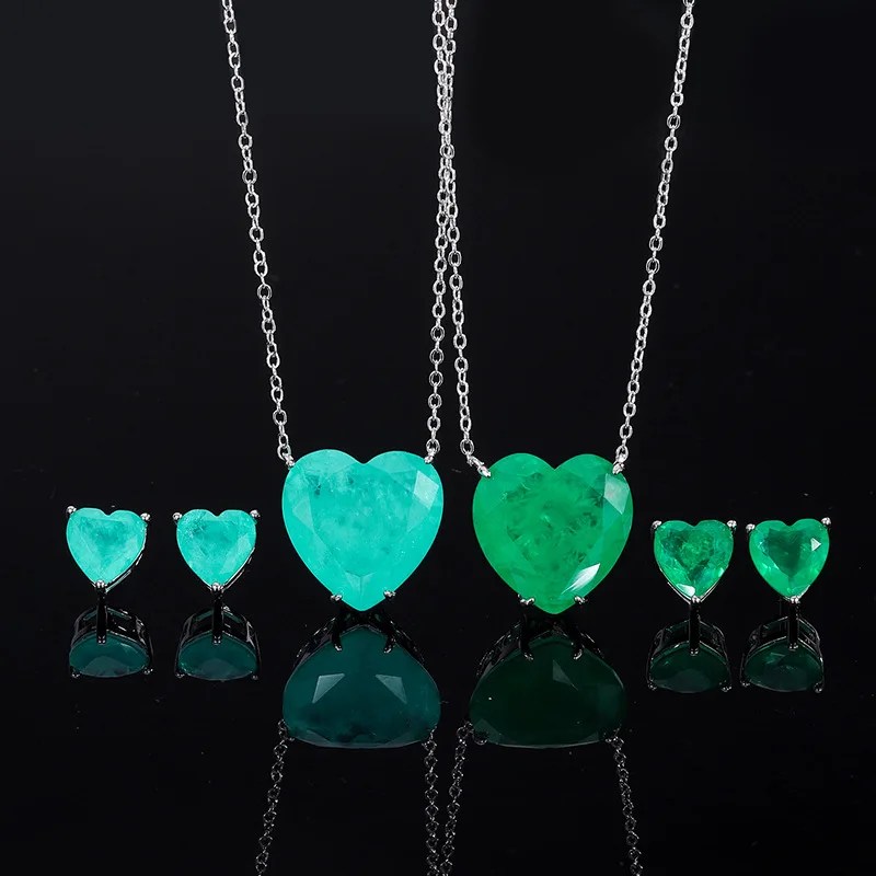 925 Sterling Silver Paraiba Emerald Simple Heart Necklace Earrings for Women Girls Vintage Tourmaline Gemstone Part Jewelry Set