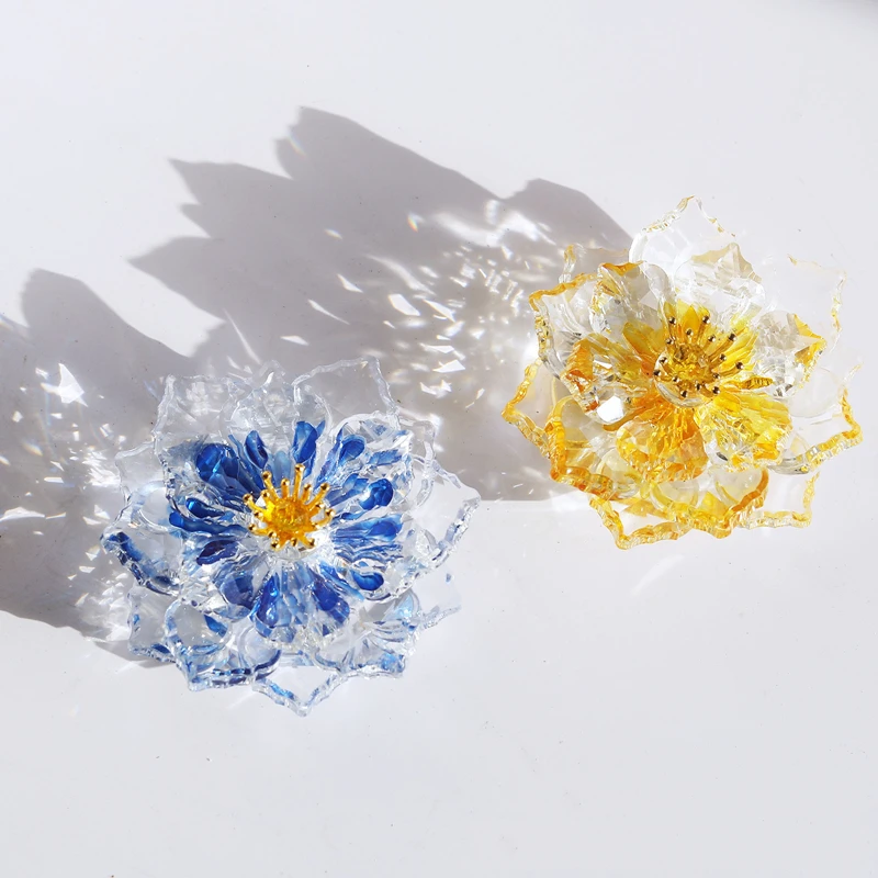 77x30 Handmade Crystal Lotus with Golden Embellishments Glass Home Decor for Tabletop & Cabinet, Festive Decoration Centerpiece