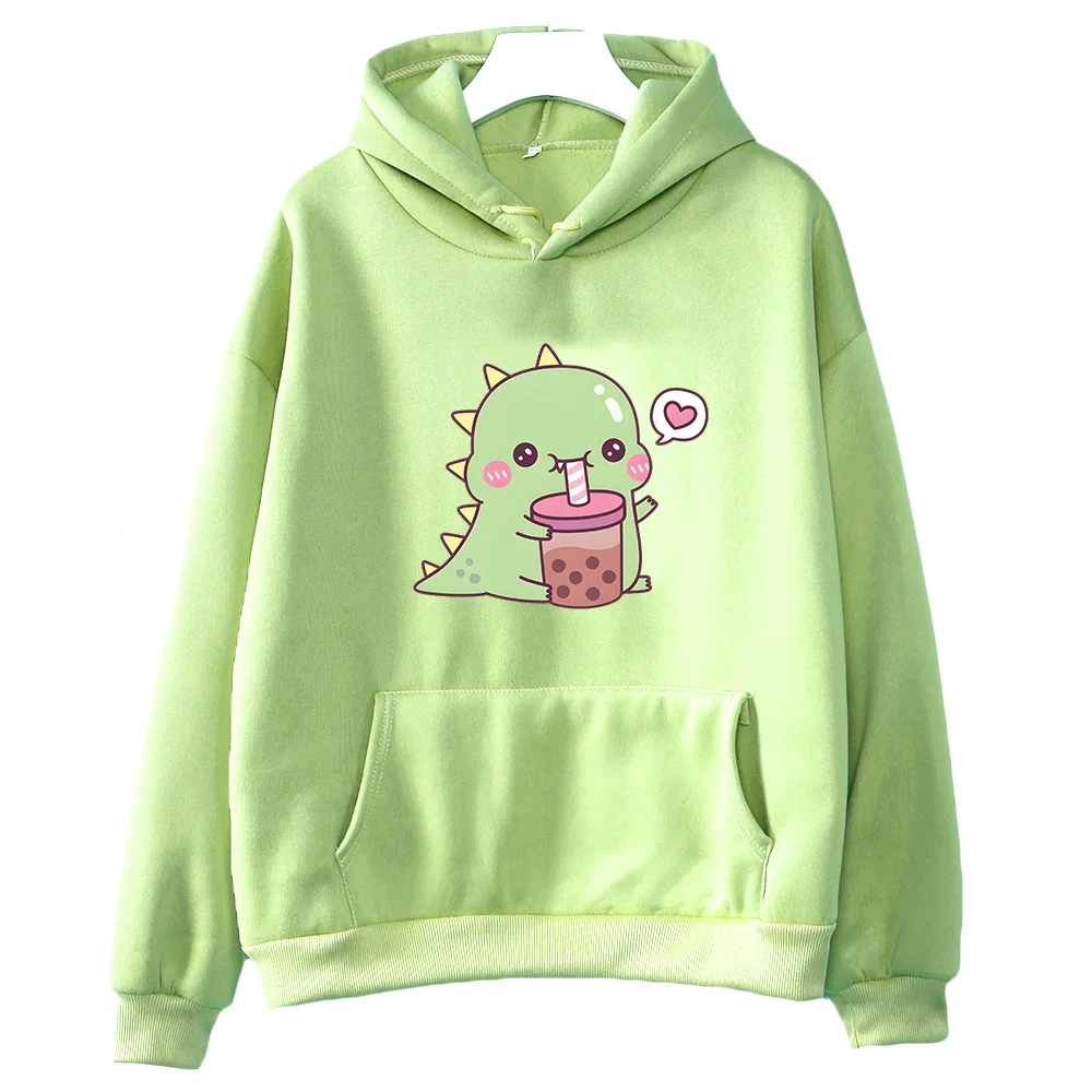 Kawaii/cute Boba Tea Dinosaur Hoodies Women/men Casual Sweatshirt Winter Fleece Clothing Long Sleeve Korean Aesthetic Pullover