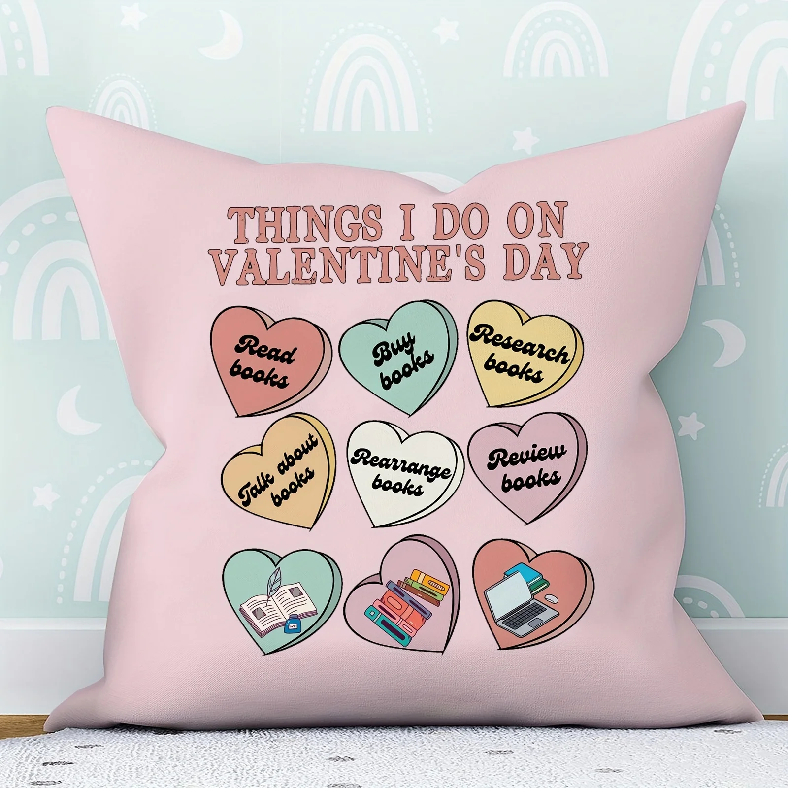 Funny Valentine Pillow Case, Things I Do On Valentine's Day Cushion Cover, Retro Heart Decor, Humor Gift for Her, Pink Textile