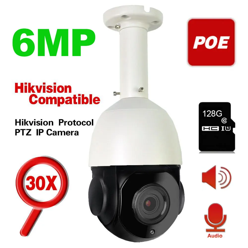 POE PTZ IP Camera 6MP Super HD  Pan/Tilt 30x Zoom Speed Dome Camera H265 Hikvision Compatible Onvif 48V POE NVR / Two Way Audio