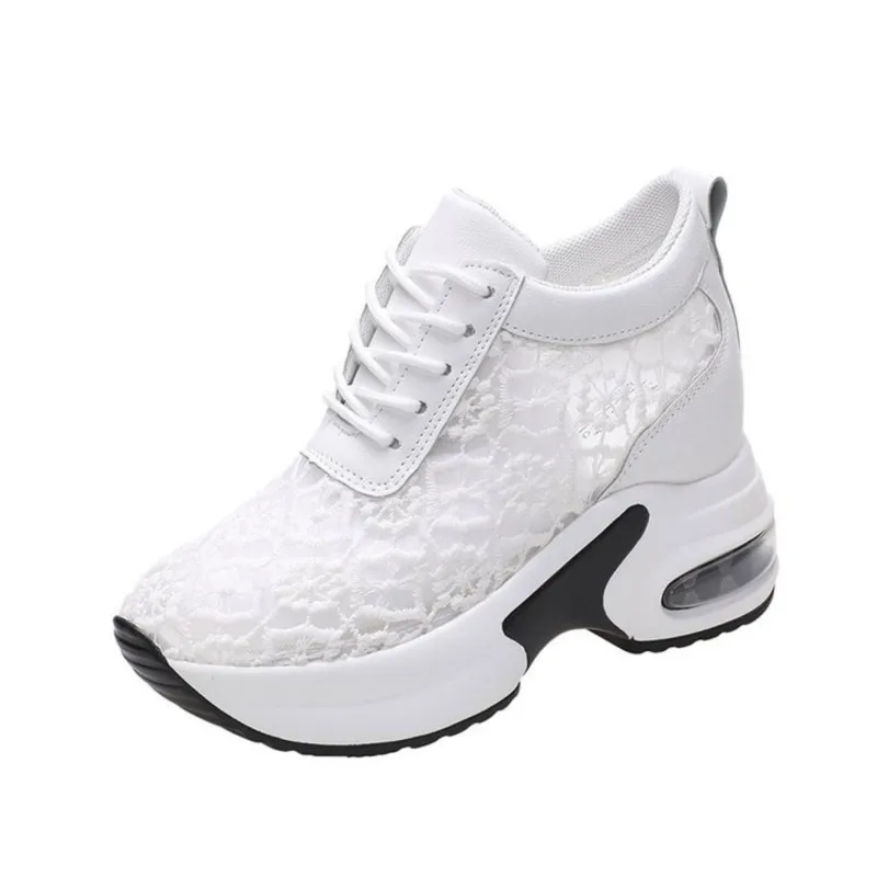 Spring white shoes with increased mesh lace surface in summer new mesh shoes breathable wedge heel thick sole casual shoes C1354