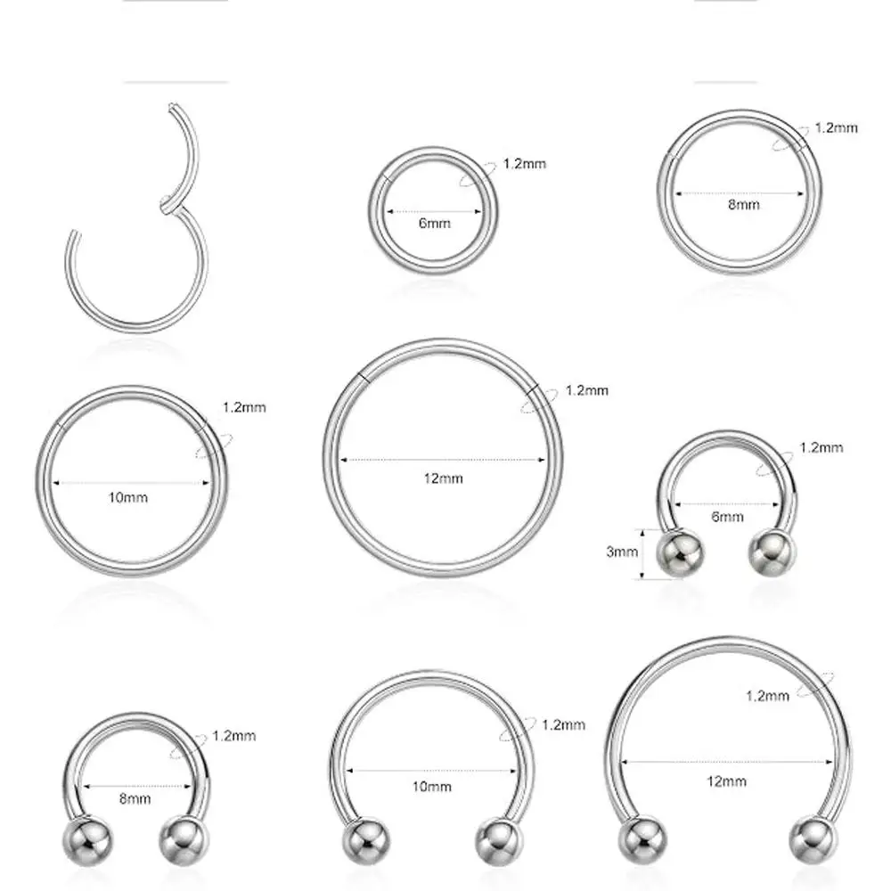 16PCS Set Surgical Stainless Steel Hinged Segment Horseshoe Septum Lip Eyebrow Rings Nose Ring Hoop Cartilage Piercing Jewelry