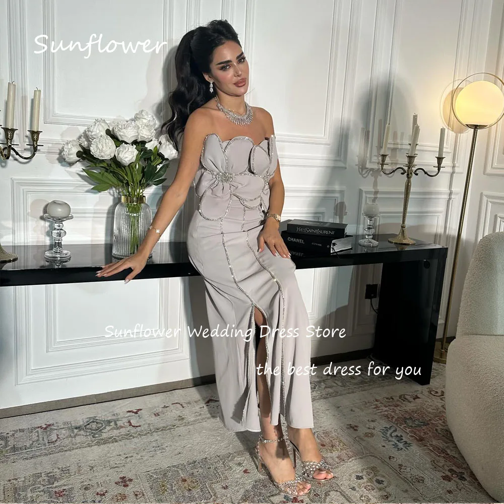 Sunflower Simple Grey Strapless Beading Flowers Mermaid Prom dress 2024 Slim Backless Floor-Length Formal Evening Dress