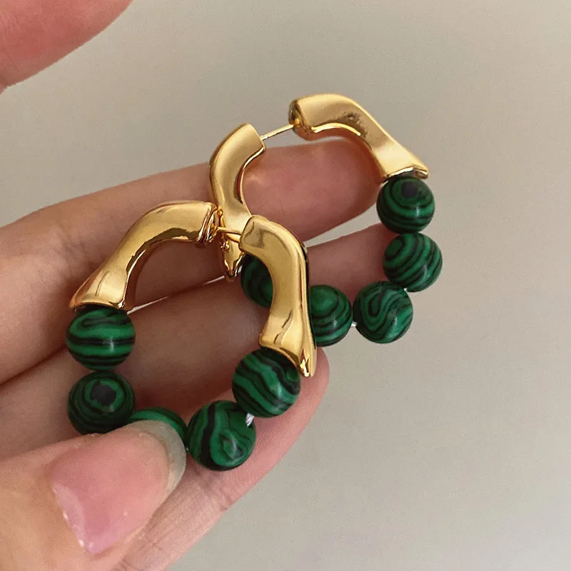 Fashion Vintage Green Beads Metal Earrings For Women Hip-hop Punk Personality After Hanging Stud Earrings Ms Travel Accessories