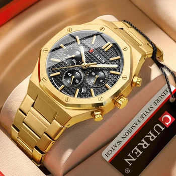 Mans için CURREN saatler moda spor su geçirmez kronograf sekizgen tasarım otomatik tarih ile kuvars aydınlık kol saatleri