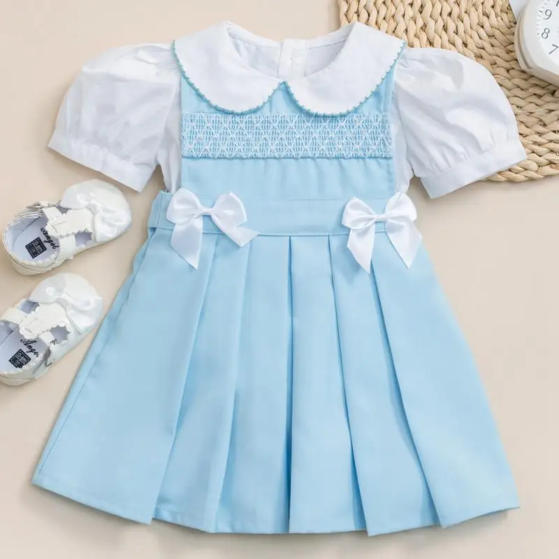 Summer Baby Girls Spanish Handmade Smocked Set Kids Infants Smocking Dresses with Bubble Sleeve Top Children Smocking Frocks