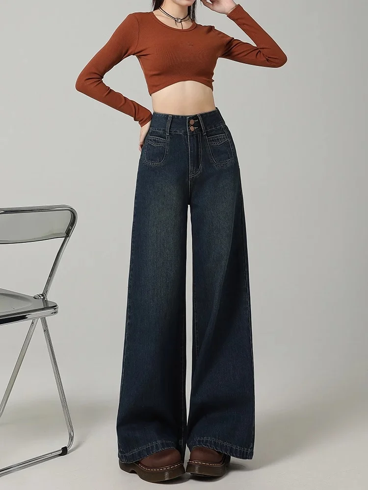 

Deep Blue Wide Leg Denim Jeans Women's Spring Autumn Loose High Waist Slimming Floor-Length Pants for plus Size Pear Shaped Body