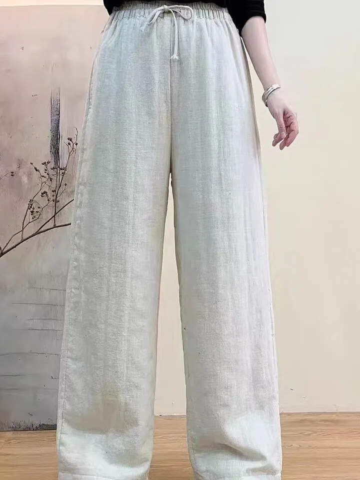 Authentic New Chinese Style Thickened Cotton Wide Leg Pants Women's High Waist Straight Cut Winter Warm Trousers Casual Wear