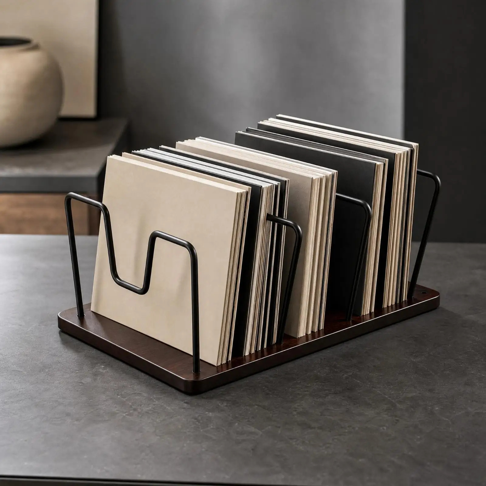 Wooden Base Desktop Storage Rack with Metal Dividers Open Divider Desktop Book and Magazine Organizer Space-Saving Vinyl Record