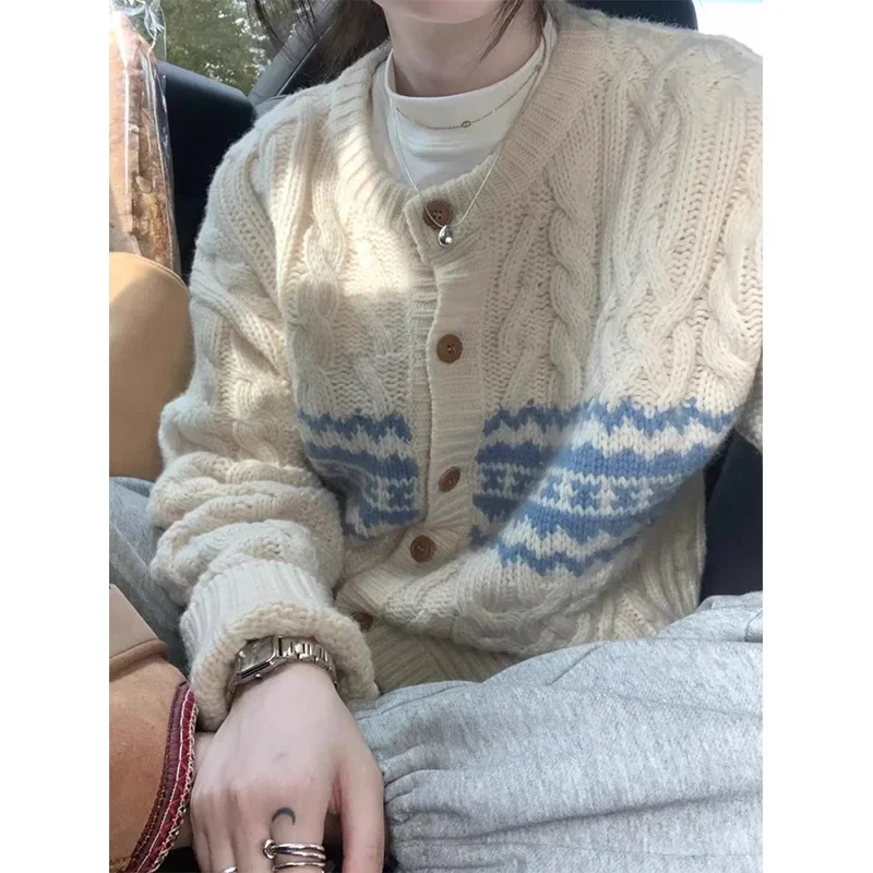 

Cardigan Women Casual Sweater Geometric Print Knitting Coat Single Breasted Round Collar Loose Fit 2024 Autumn Winter Knitwear
