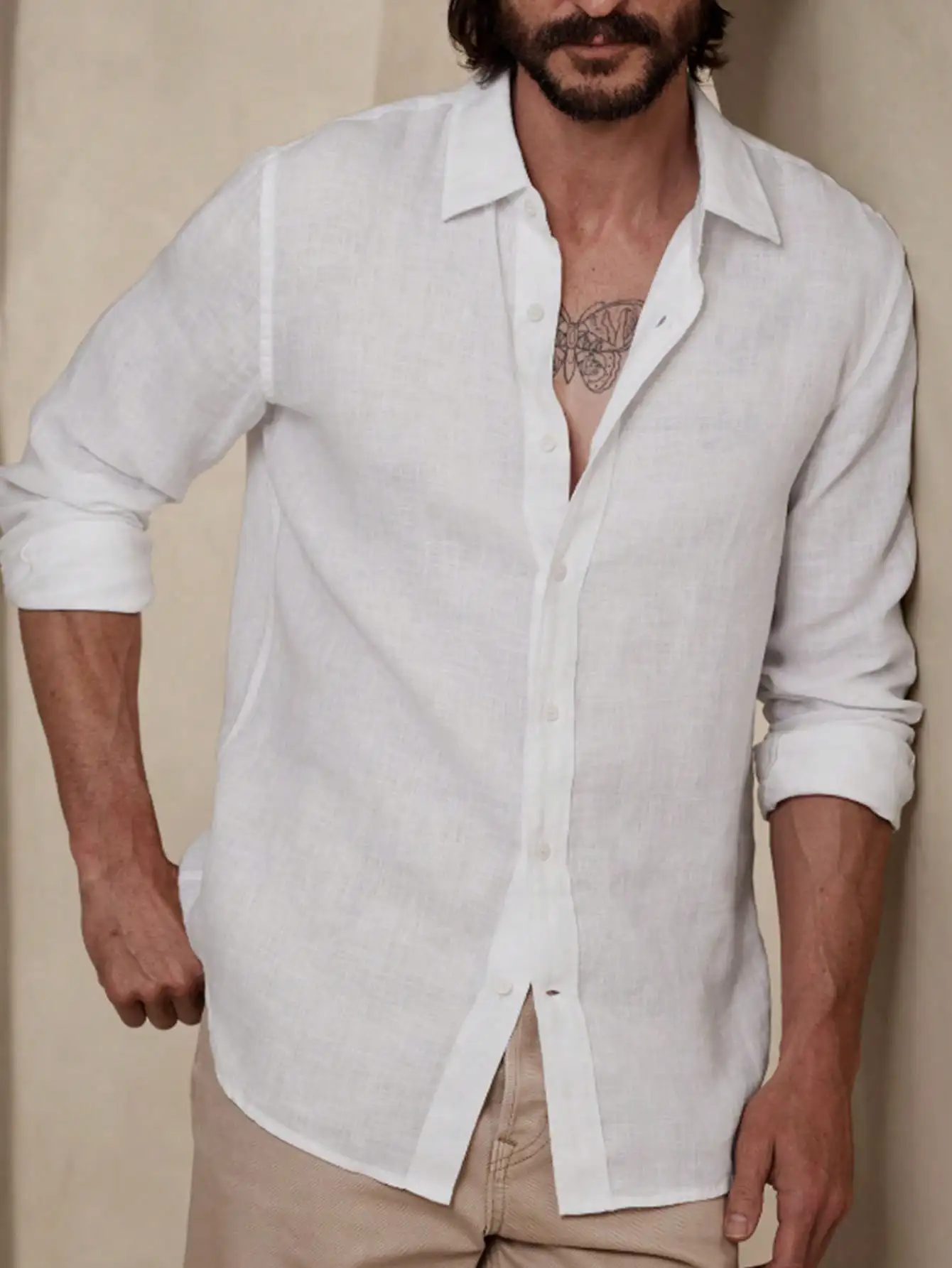

Men's White Linen Casual Button-Down Long Sleeve Shirt for Fall