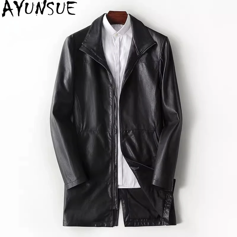 

AYUNSUE New Genuine Leather Trench Coat Men Mid-length Sheepskin Vegetable-tanned Leather Jacket Men Casual Lapel jaqueta couro