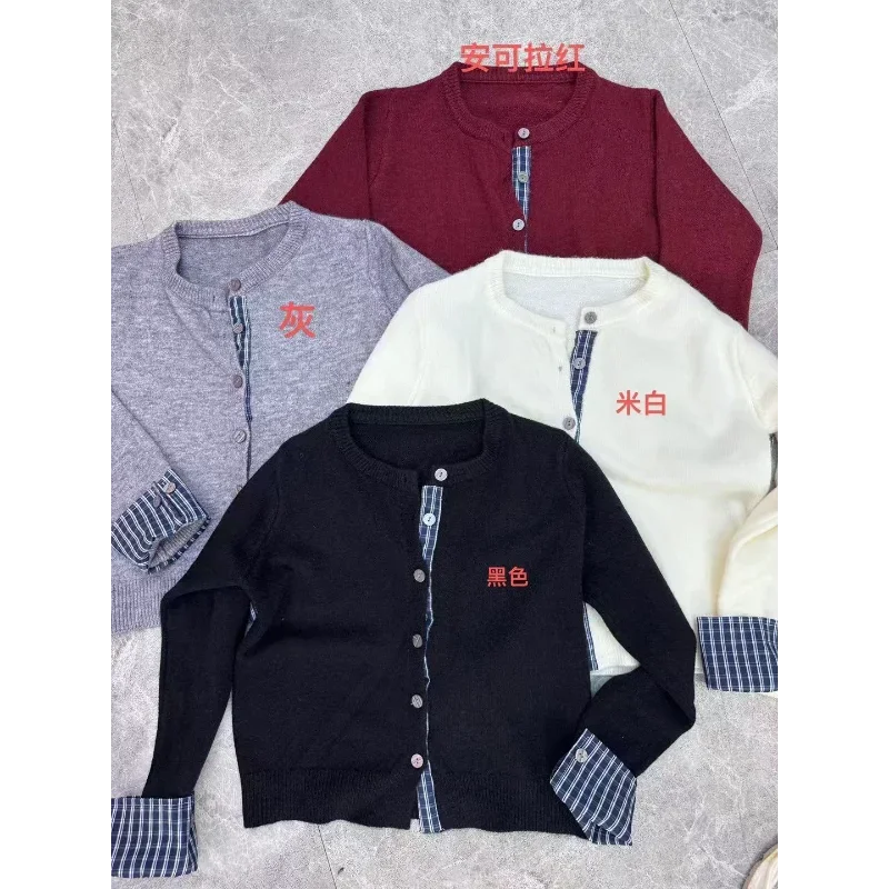 

Round-Neck Knitted Cardigan Sweater Coat Ankela Red Faux Two-Piece Plaid Casual Vintage