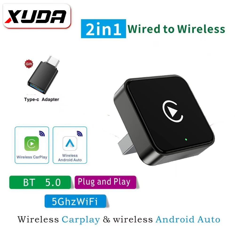 

Беспроводной адаптер CarPlay для iPhone - Mini Plug & Play, автоматическое подключение, 5 ГГц Wi-Fi, низкая задержка, совместимость с iOS 10+, поддержка проводного CarPlay.