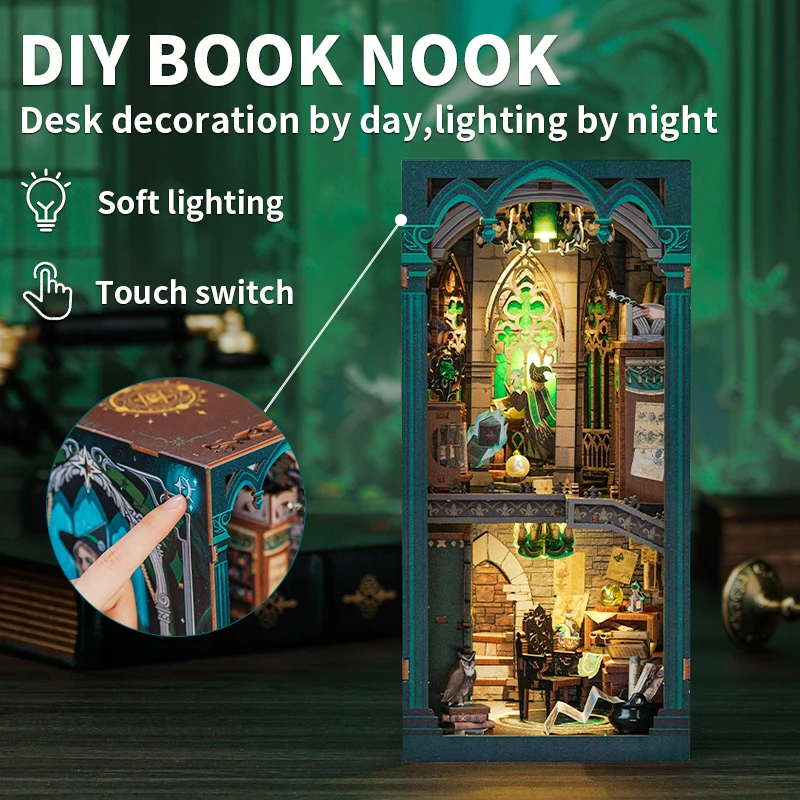 CUTEBEE DIY Book Nook Wooden Dollhouse with Light Dust Cover Magic Bookshelf Insert 3D Puzzle Decor Gift Darkness Common Room