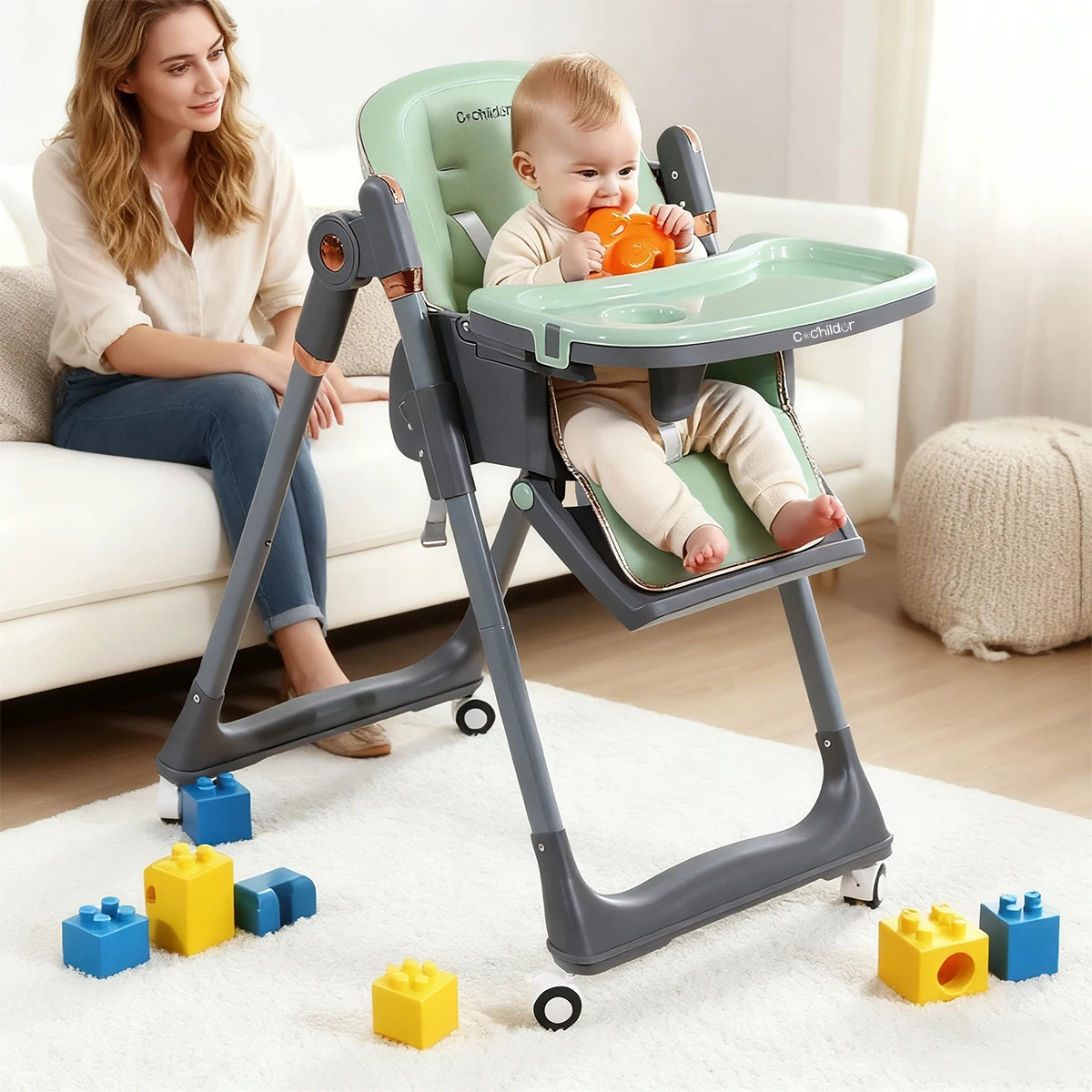 

Baby dining chair, baby high chair, suitable for children over 6 months old, with roller dining chair, outdoor camping chair