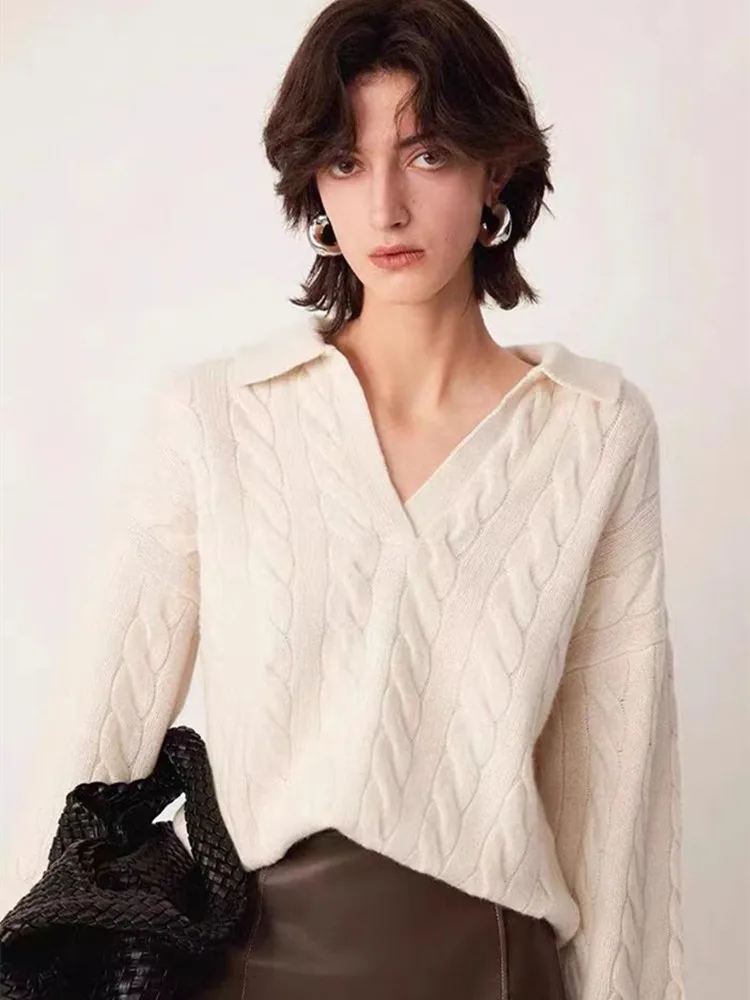 

Осень/зима 2025, новый свитер из 100% чистой шерсти, женский вязаный пуловер с лацканами, витой цветок, повседневный свободный кашемировый топ с v-образным вырезом, женский