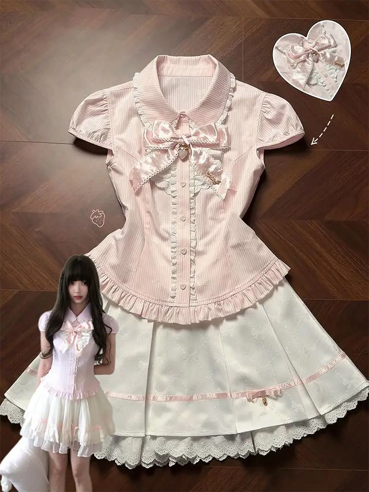 

Kawaii Sweet Bow Patchwork Slim Short Sleeve Striped T-shirts + Japanese Cute Lace High-waist Short Skirt 2-piece Set Women's