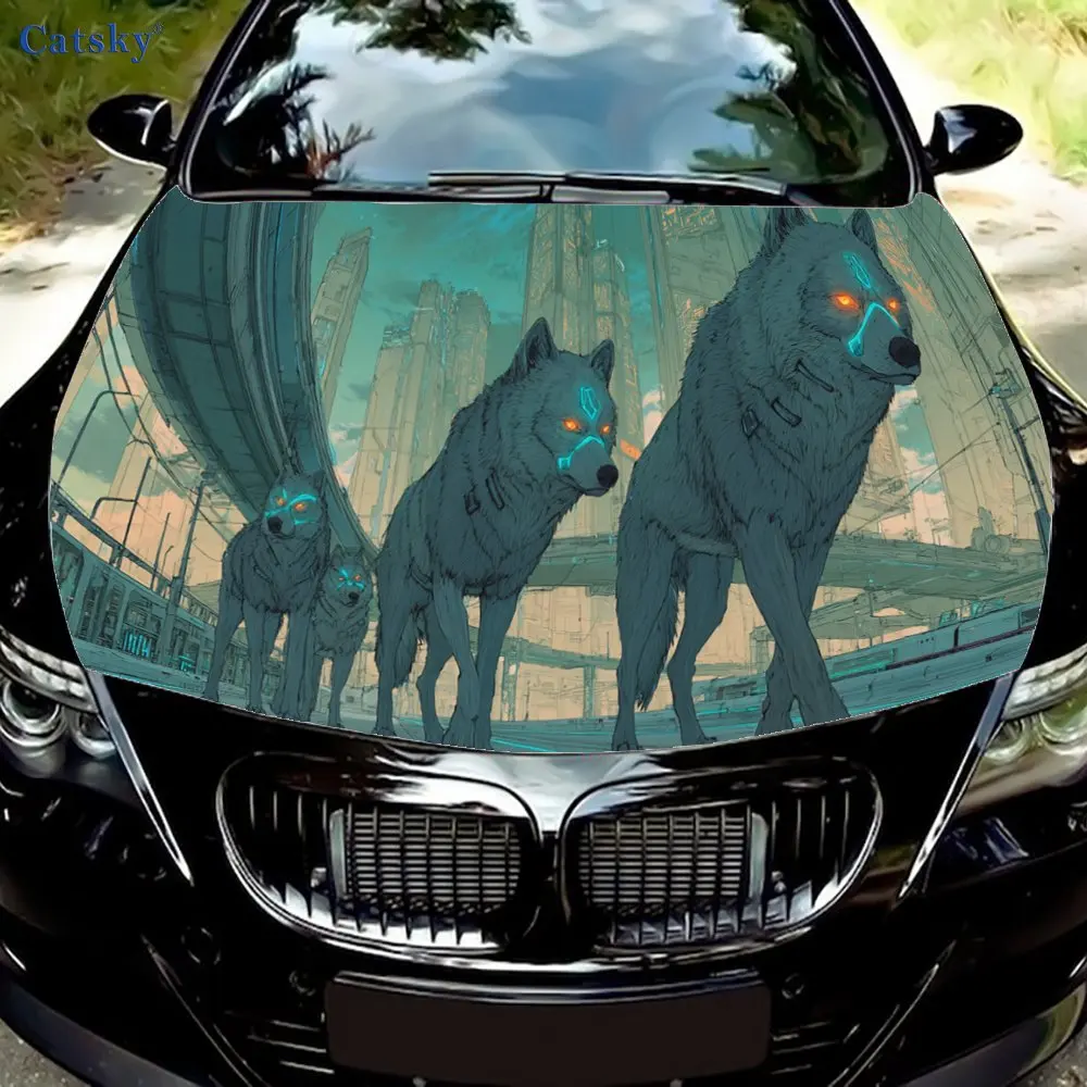 

Принт киберпанкового волка, наклейки на капот автомобиля, водонепроницаемая самоклеящаяся наклейка на капот автомобиля из ПВХ, защитные наклейки для украшения капота автомобиля, Aut