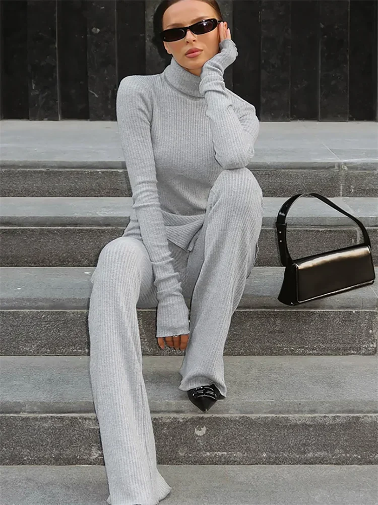 

Female Autumn 2 Piece-Set Flared Trousers Female Slim Long Sleeve Turtleneck Pullover And High Waist Women's Pants Sets