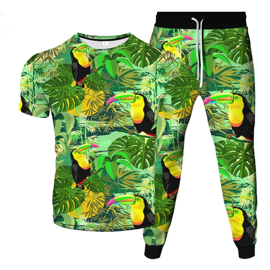 Flower Weed Animal Bird 3D Print Men Sportswear Set Short-Sleeved T Shirt Pants 2-Piece Set Oversized Pullover Men Clothing