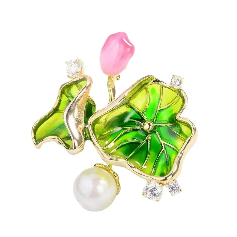 Elegant Chinese Style Enamel Lotus Leaf Cuckoo Bird Brooch Pin for Women Hanfu Qipao Sweater Cardigan Decoration Accessory