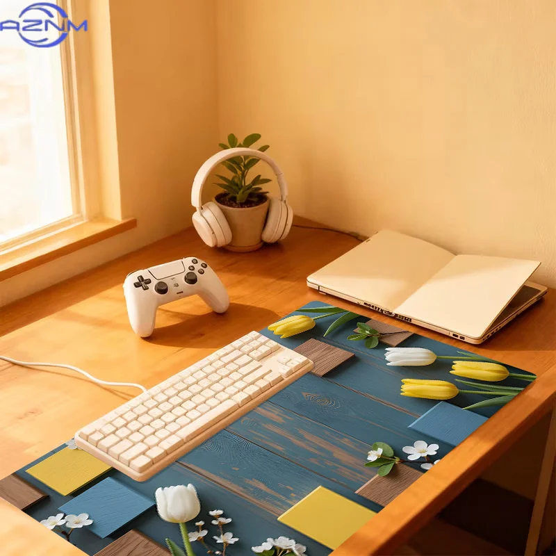 1pc Extra-large, Non-slip, Durable Desk Mat, Mouse Pad, Featuring Yellow Tulips on Wooden Background, Rubber Base, for Office, C