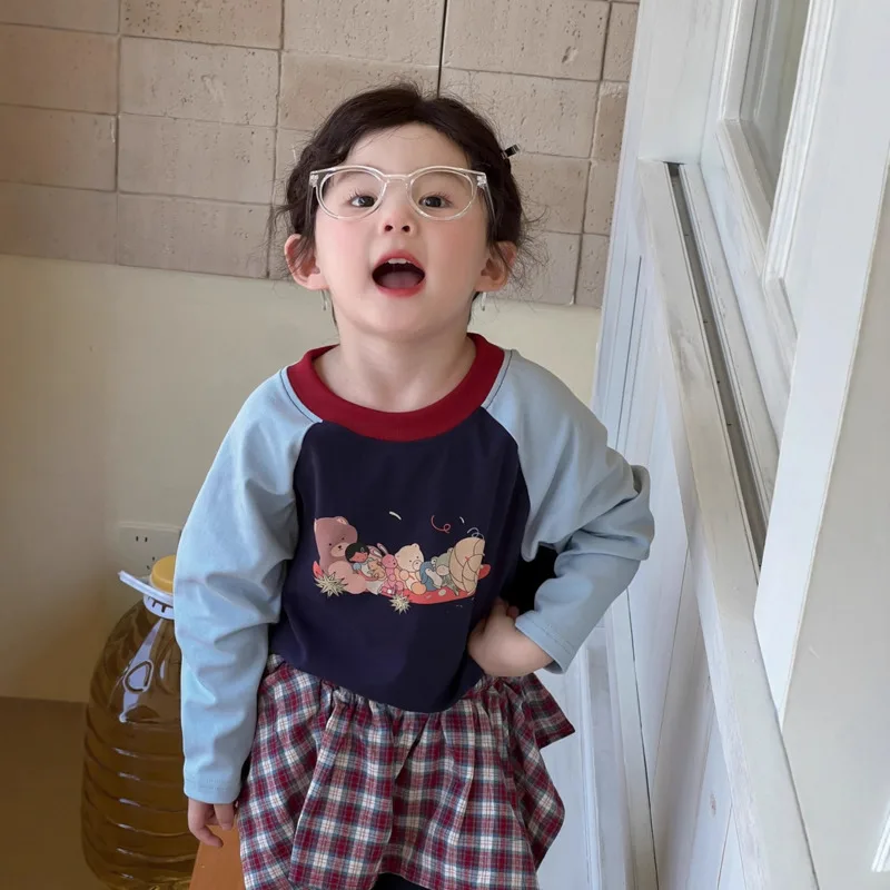 

2025 Autumn Winter Children Cartoon Bear Long Sleeve Base Shirt Bottom Boy Girls Fashionable Tops 3y-12y Pullover Sweatshirt