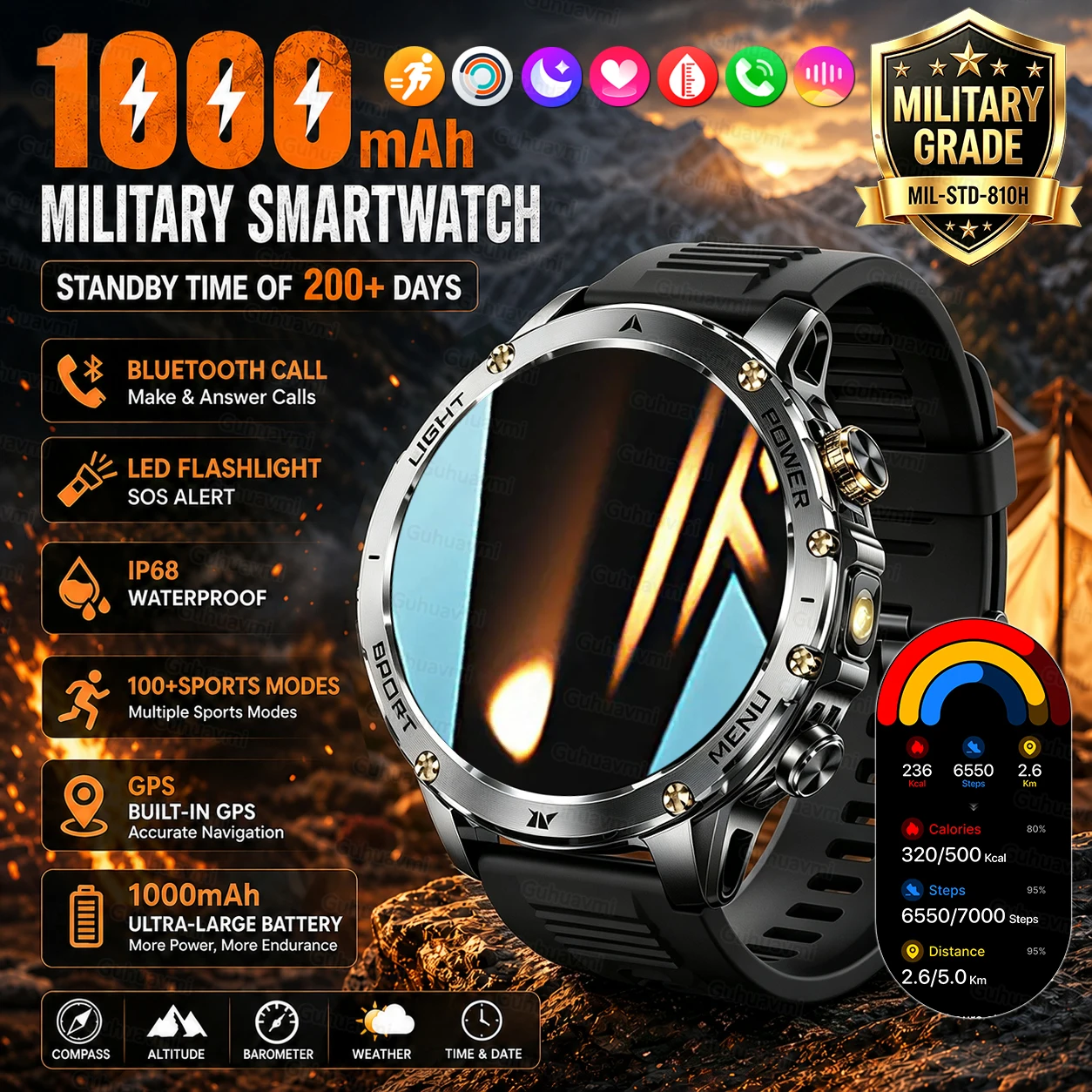 2026Military 1000 Mah Battery smartwatch Men's outdoor Flashlight waterproof 100+sports Bluetooth call fitness Steel Smart Watch