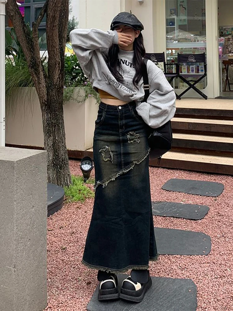 Star Embellied Distred Denim Fi Tail f Rok Dames Lente Zomer Nieuwe Amerikaanse Retro Pittige Meisje Bodycon Middellange lengte...