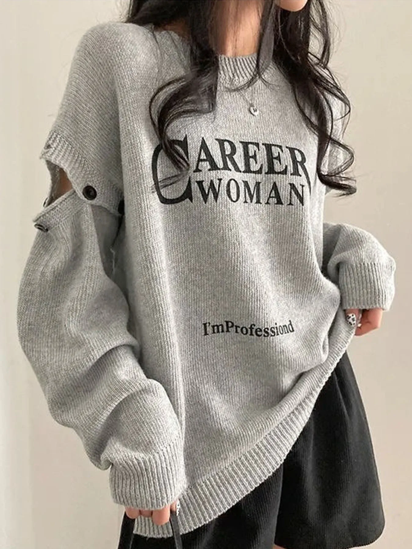 Retro Letter Print Off Shoulder Round Neck Knitted Pullover Sweater Women\'s Autumn Winter Fashion Street Shooting Knitted Top