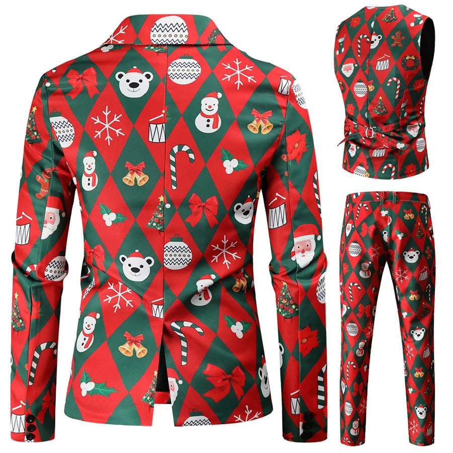 حفلة عيد الميلاد الرجال 3 قطعة البدلة مجموعات ندفة الثلج سانتا كلوز المطبوعة السترة سترة السراويل الأولاد موحدة لعيد الميلاد المرحلة حفلة موسيقية زي #2