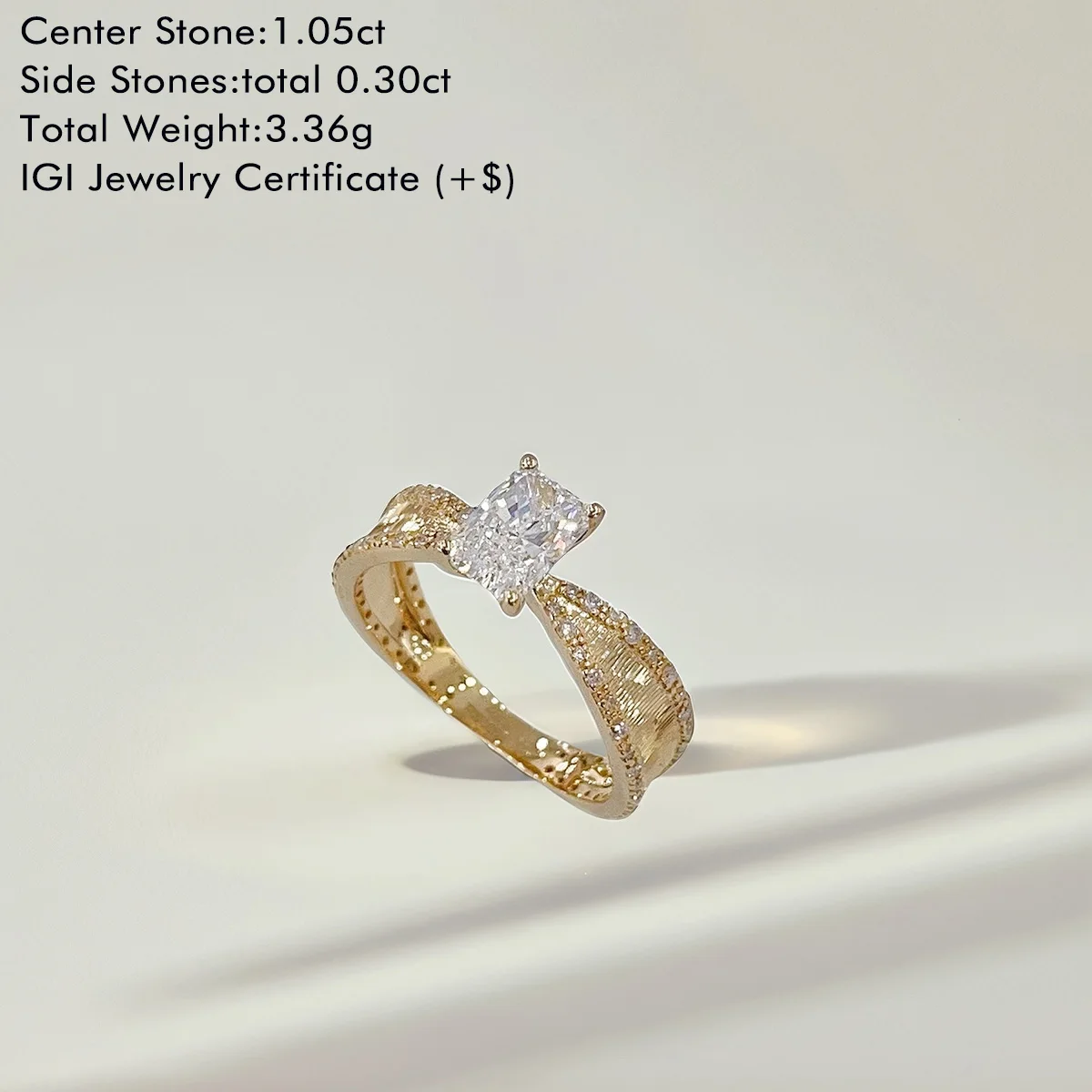 Radiant Cut Lab Grown Diamond Ring 18K Yellow Gold Lab Created Diamond Ring Vintage Brushed Finish Engagement Ring For Women