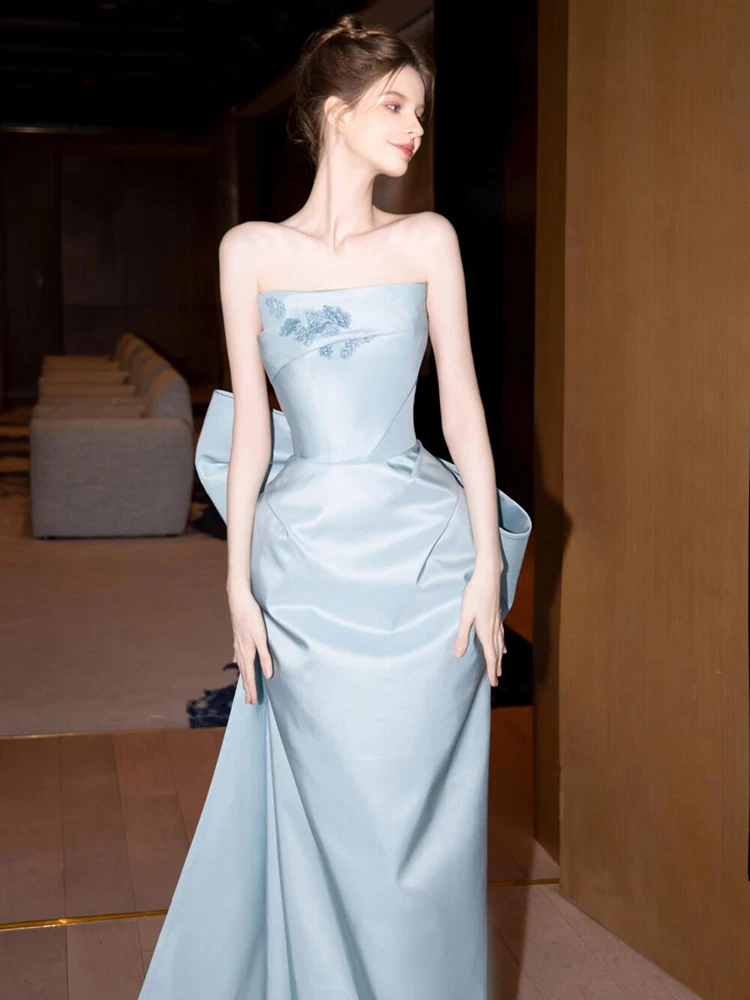 

Ele Blue Fi Tail Wedding Dr Evening Gown Bridal Par Reception Guest Meet Bride to Be Engagement Long Dr