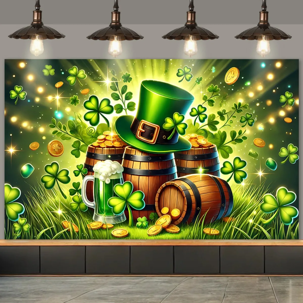 Festive St Patrick Day Curtains Green Shamrock Lucky Coins Irish Theme Polyester Decorative Window Curtain Panel Decor