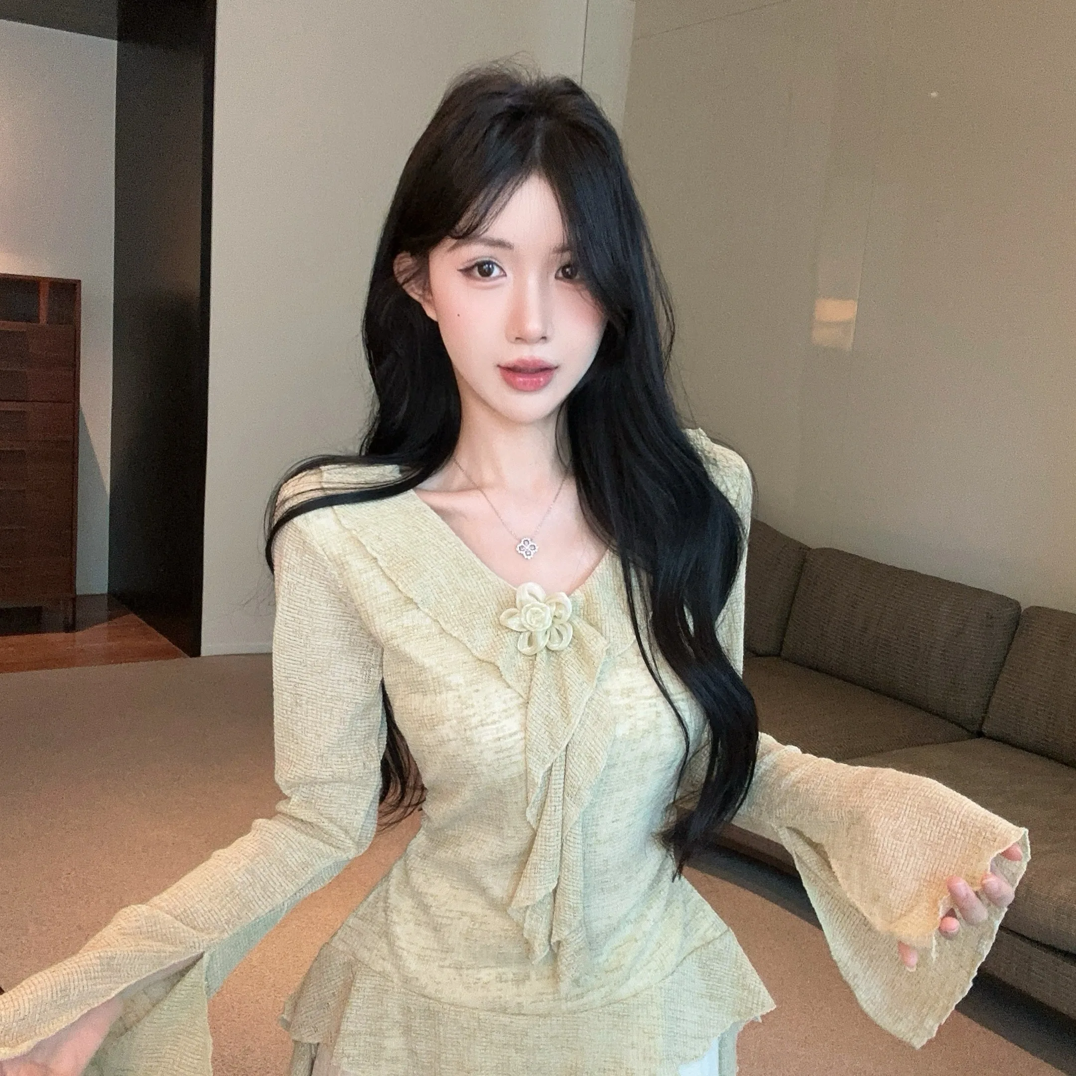 

Ele Long Sve irt с воротником Sa Lotus Le, цветочный дизайн, универсальная женская мода, осень 2021, новое поступление