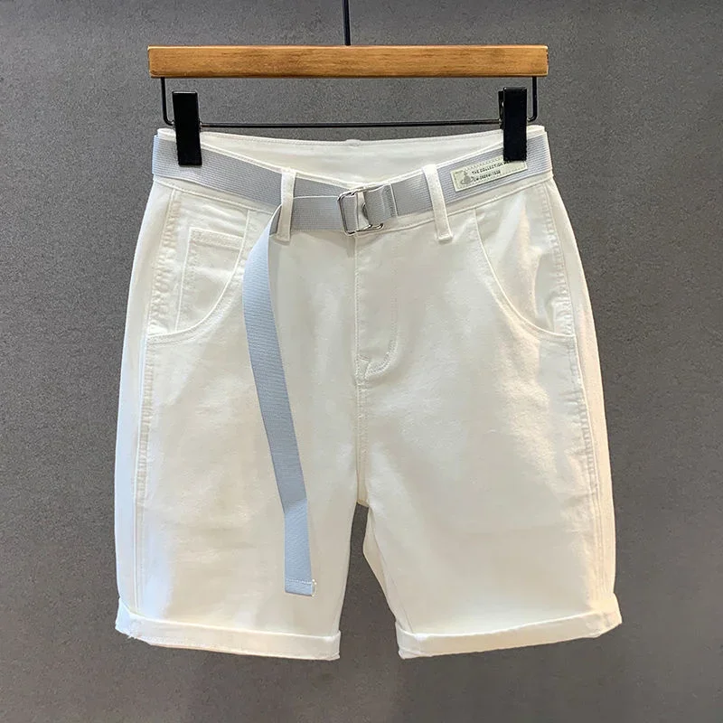 White Shorts Men Fashion Streetwear Knee Length Bermuda Shorts Men Cotton Fiber Jean Shorts