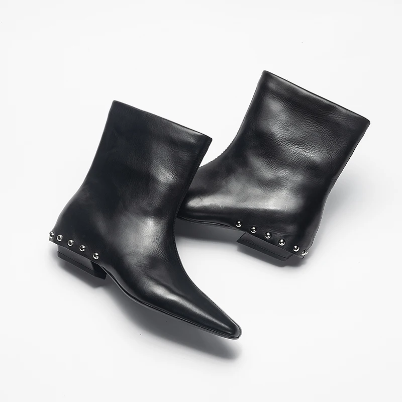 Handmade Genuine Leather Square Heel Booties Sexy Rivet Ankle boots,Fashion winter woman boots,knight boots,Fashion Cowboy boots