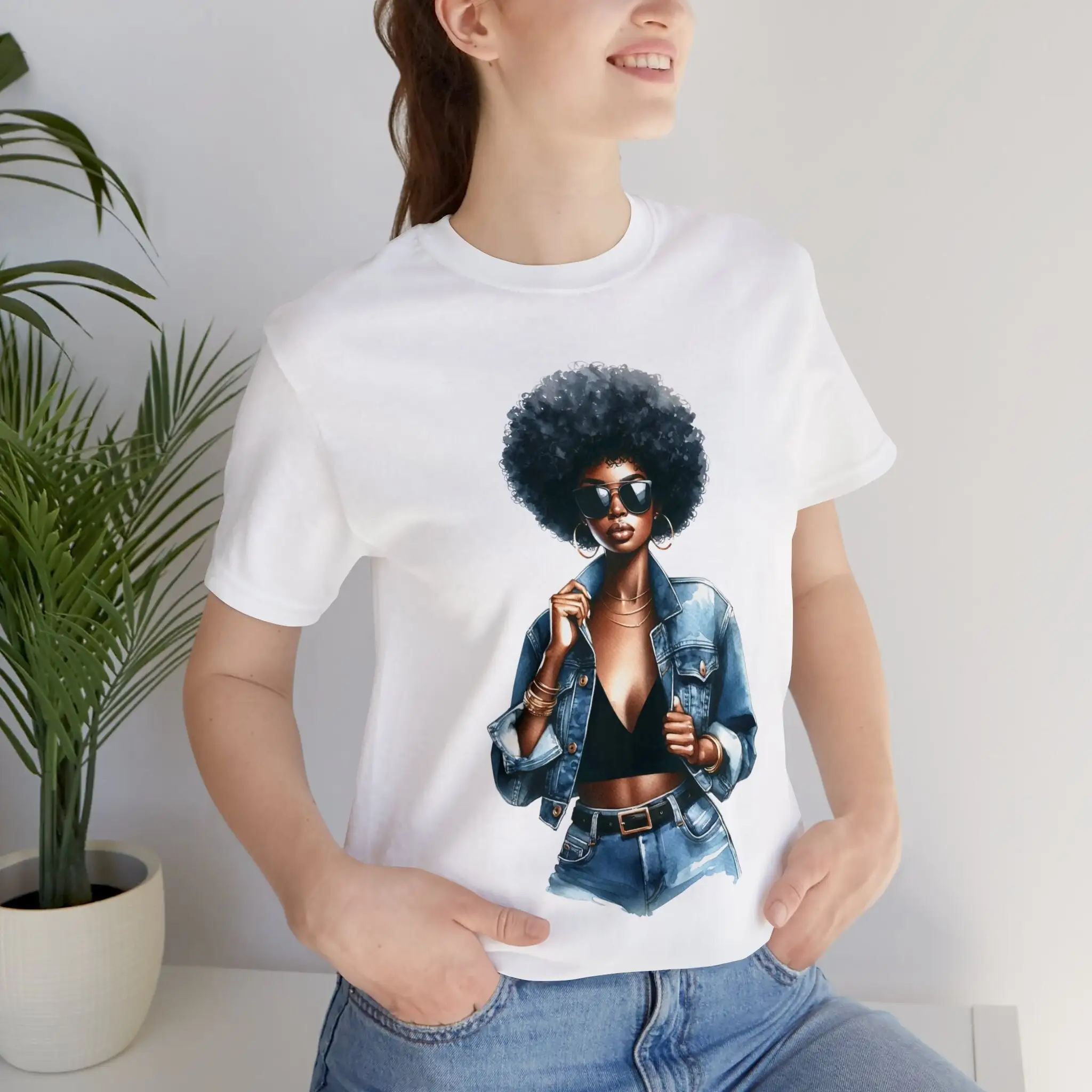 Chic Watercolor Afro Woman T Shirt Stylish Hairstyle Sunglasses Design Trendy DTG Print Fashionable Jeans Look Top Idea