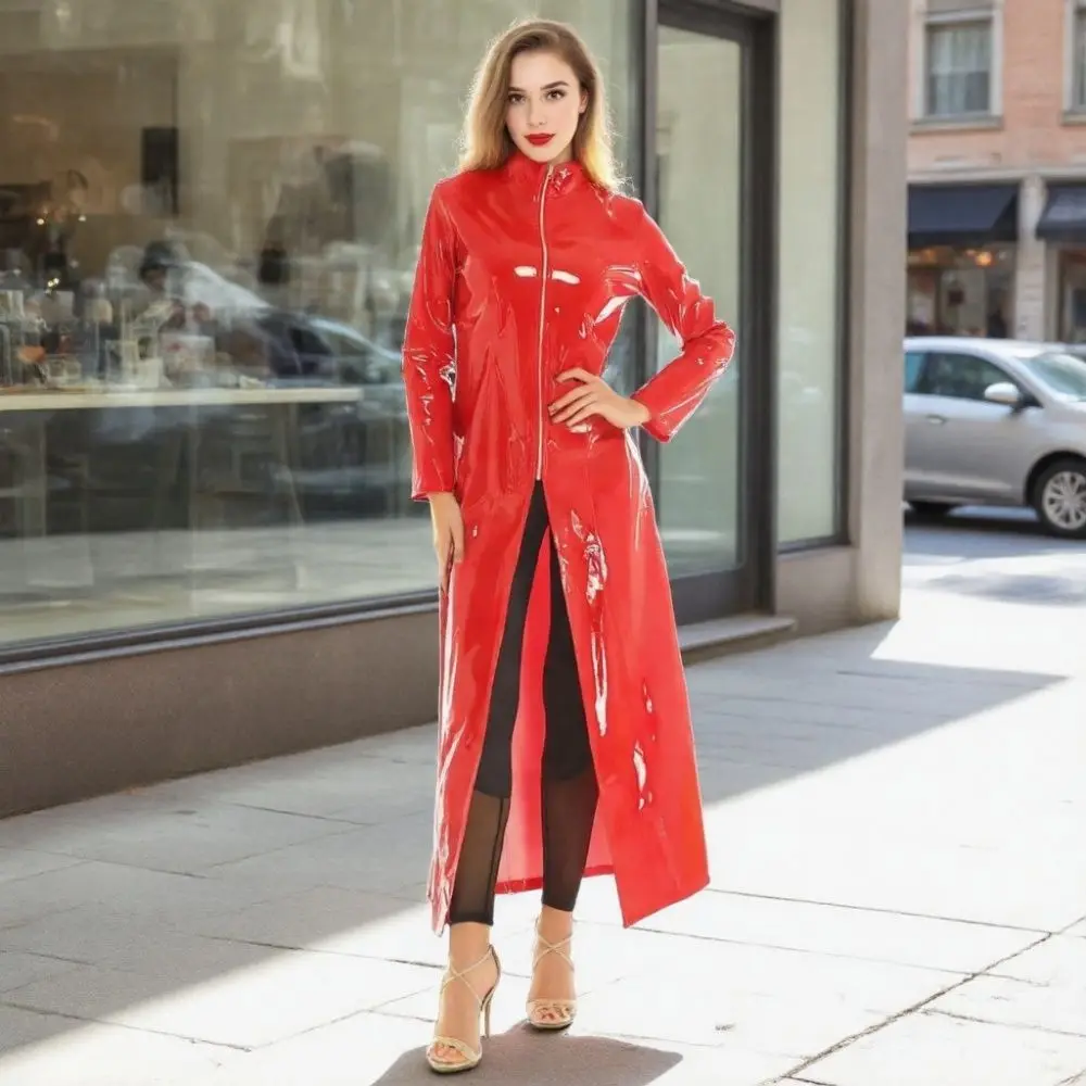 Women Bright Mirror Patent Leather Trench Coat Zipper Slit Wet Look Long Jacket Pvc Faux Pu Windbreaker Outwear Red Overcoat