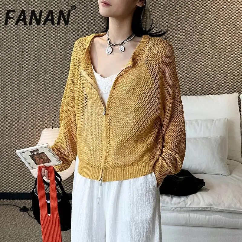 

FANAN2026 Summer New Korean Style Casual Chic Round Neck Zipper Hollow Knit Cardigan Loose Cover-Up Top For Women